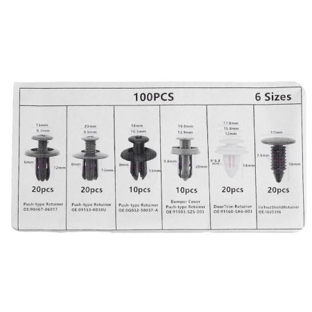 Clips and fasteners, 6 types, set 100 pcs-2