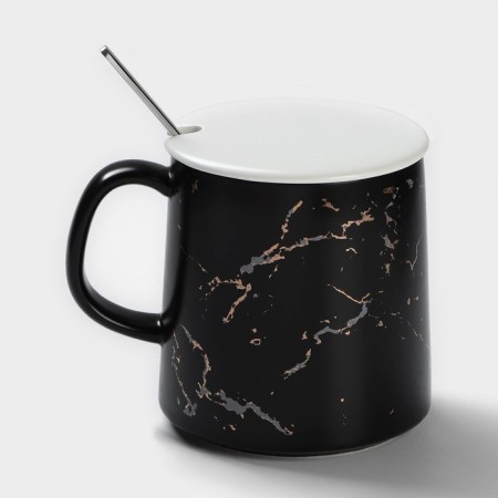 Ceramic mug with a spoon "Black marble", 350 ml, black color-4