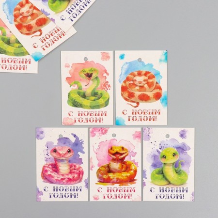 Cardboard Biro "Happy New Year. Watercolor snakes" set 10 pcs (5 types) 4x6 cm