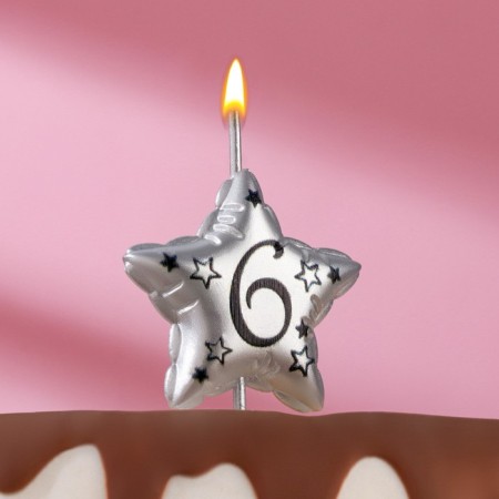 Candle in the cake on the skewer "Air star", number 6, 3.5 cm, silver