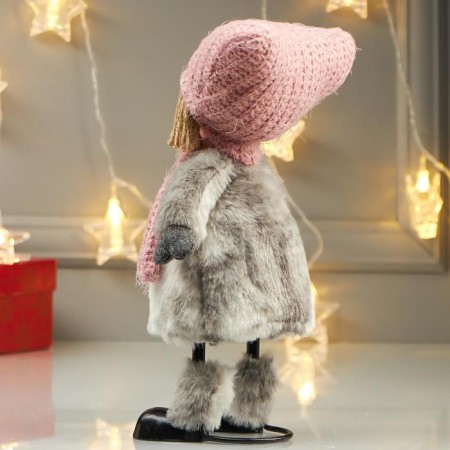 Interior doll "Girl in a pink hat with ears and white fur coat" 27x10x17 cm-3