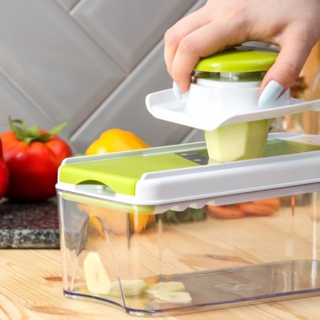 Vegetable engine - Shinkovka with interchangeable nozzles and a shares container, 6 nozzles, 14 × 12.5 × 38.1 cm, white, green color-6
