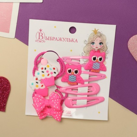 Hair set "Vanilla" (4 elastic bands, 4 invisibility) owls, pink