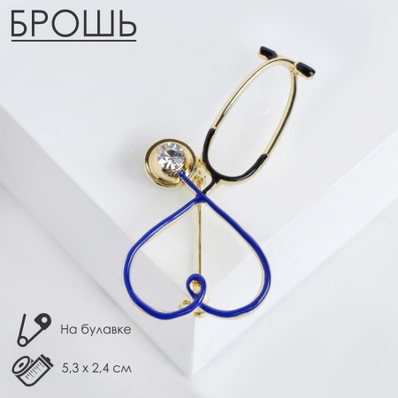 Brooch "Stethoscope" heart, blue color in gold