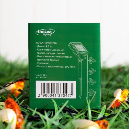 Garland “thread” 4.5 m with nozzles “bees”, IP44, dark thread, 30 LED, glow warm white, 2 modes, solar battery-7