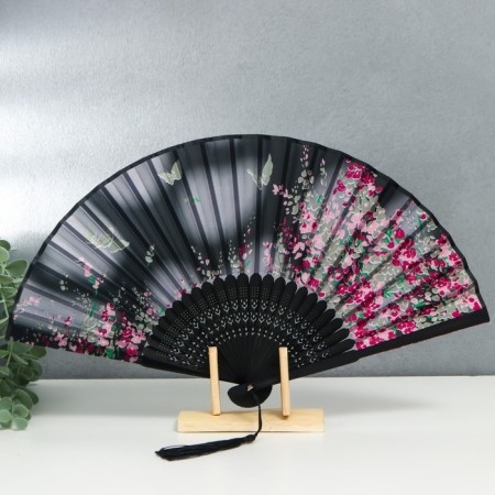 Fan bamboo, textiles h = 21 cm "Flowers and butterflies" black, with a brush