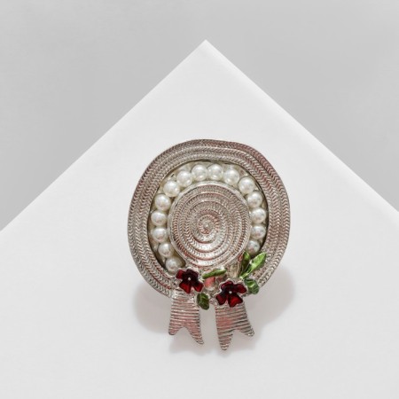 Brooch "Hat" with flowers, colored in silver