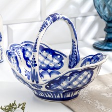 Oval basket, gzhel, porcelain, 16x21 cm