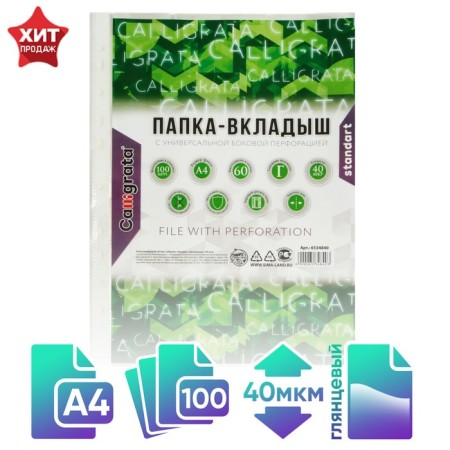 A4, 40 microns, calligrata, glossy, vertical, 100 pieces
