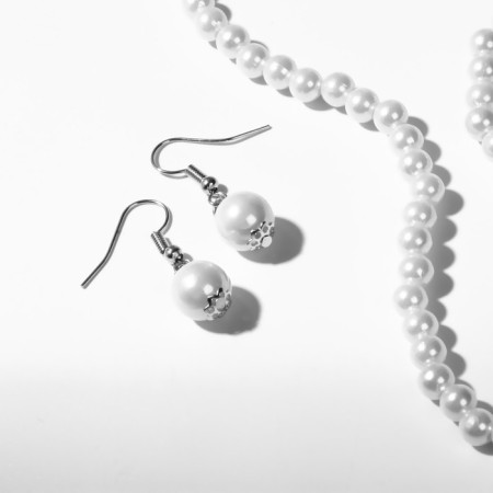 Set 3 objects: earrings, necklaces, bracelet "Pearls" elegant, white color in silver-2