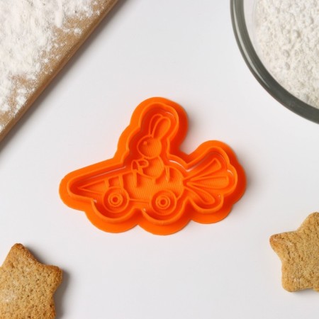 The cookie form “Bunny rides on carrots”, cutting, stamp, color orange-2