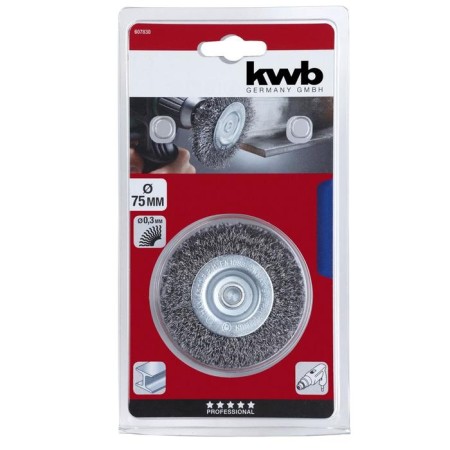 The brush is flat for the KWB drill, hard, d = 75 mm, wire d = 0.35 mm, shank d = 6 mm, steel HSS 70-1