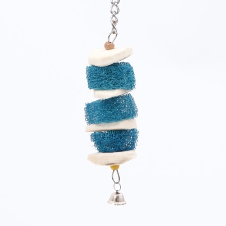 A toy with a karakatitsa carapace, lufu and bell, 25 x 5 cm, blue
