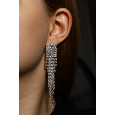 Hanging earrings with rhinestones "Hollywood" Waterfall, white color in silver, 8 cm-6