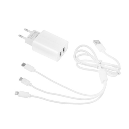 Set for charging 3 in 1 Luazon UC-14, SZU 2xUSB, 2A, MicroUSB/Type-C/Lightning, White-2