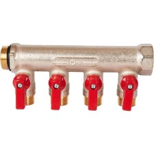 Коллектор STOUT SMB 6210 341204, 1/2", 4 выхода, с шаровыми кранами 3/4", красные ручки