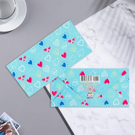 Money envelope "Universal" hearts, blue background, 16.5x8 cm