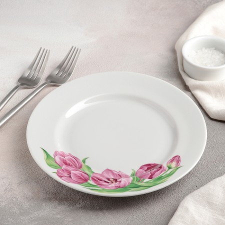 Porcelain plate "Pink tulips", D = 20 cm, white-1
