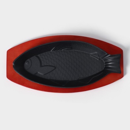 Cast iron pan on a wooden stand "Fish", 30 × 13 × 3 cm, black color-1
