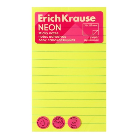 Block with a sticky edge paper 75x125 mm Erichkrause "Neon", 100 sheets, 4 colors. With Linovka-1