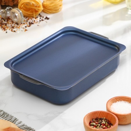 The baking sheet is rectangular, 19 × 25 cm, with a lid, anti -stick coating, blue color