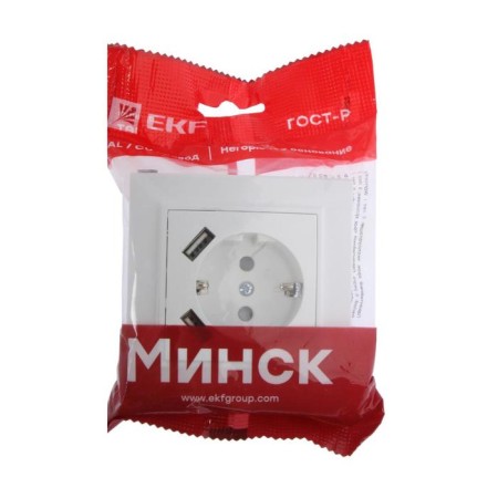EKF socket "Minsk", 16 A + 2 USB 2.1A, single, with salary, with protective curtains, white-1