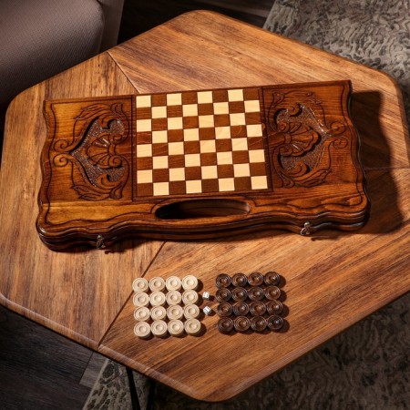 Handmade backgammon "owl", deep cutting, with a handle, 60x30 cm, with a chess field, a walnut array, Armenia-1
