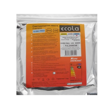 Ecola Pro 5 m, IP20, SMD2835, 60 LED/m, 8 W/m, 12 V, 6000K-6