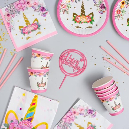 Set of dishes "Happy Birthday", unicorn, pink color