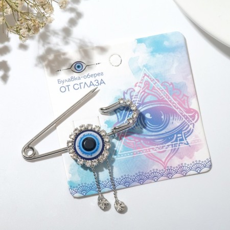 Pin-shaped "from the evil eye" of the eye with pendants, 5 cm, white-blue color in silver