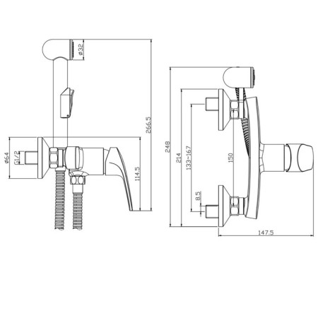 Rossinka RS45-52 bideter, with hygienic shower, wall, brass, chrome-1