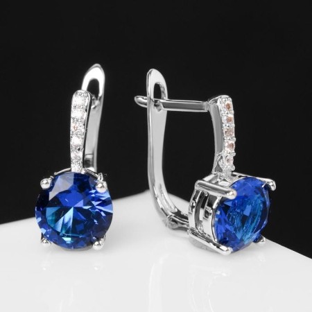 Earrings with bloom rhinestones, mini circles, blue color in silver-1