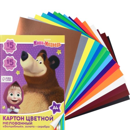 Cardboard Color, A4, 15 sheets, 15 colors, coated, one -sided, in a folder, 220 g/m², Masha and the bear-2