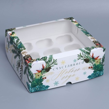 Folding box for 9 cupcakes with a “Happy New Year” window, 25 x 25 x 10 cm, New Year-1