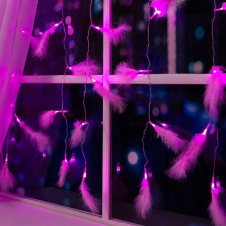 Garland "Curtain" 3 × 1.4 m with nozzles "feathers", IP20, transparent thread, 80 LED, pink glow, 8 modes, 220 V-2