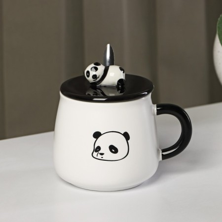 Ceramic mug with a lid and spoon "Panda", 450 ml, white and black color-7