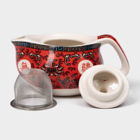 Keramic teapot with a metal sieve "Lotus", 200 ml, red color-1