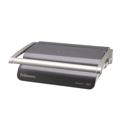 A brochure for a plastic spring, perforation is up to 25 sheets, weaves up to 500 sheets, Fellowes quasar+-1