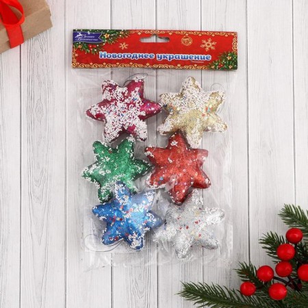 Christmas tree decoration "Stars with sparkles" (set 6 pcs) 7 cm, mix-1