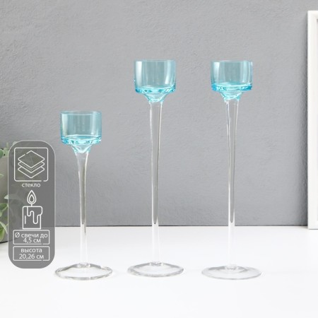 Glass candlestick set 3 pcs "Transparency of thoughts" height 26cm-2pcs., 20 cm- 1 pc. blue