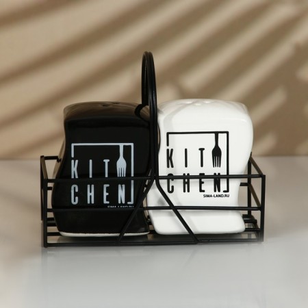 Ceramic set for spices on the Kitchen metal stand, 2 pcs, white-black color-2