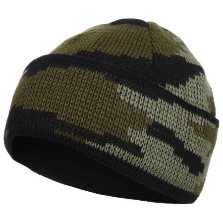 Knitted hat, three -core, with lapel, wool/acrylic fabric, green KMF color, dimensionless