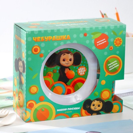 Set of dishes "Cheburashka", 3 items: plate, bowl, mug, gift packaging, glass-8