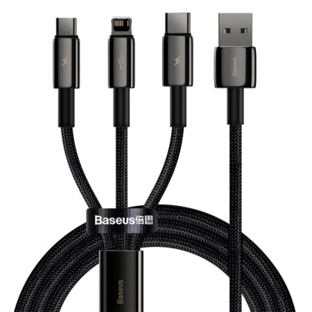 Cable 3B1 Baseus, Tungsten Gold One-For-Three, Microusb+Type-C+Lightning, 3.5a, 1.5 m, Black-1
