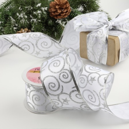 A satin ribbon with a metal thread “Patterns with a star”, 60 mm, 9 ± 0.5 m, white/silver color