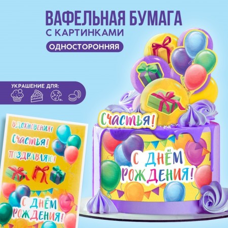 Waffle pictures edible “Happy Birthday” for cupcakes, Konfinetta cake, 1 sheet A5