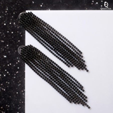 Hanging earrings with rhinestones "Waterfall" a house, black color in gray metal, 10cm-1