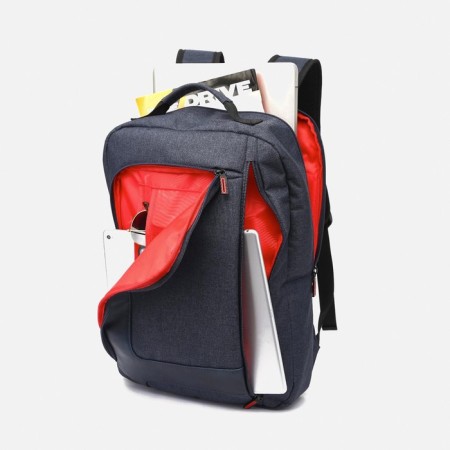 A backpack, a lightning department, an outer pocket, an attach to a suitcase, the color is blue-4