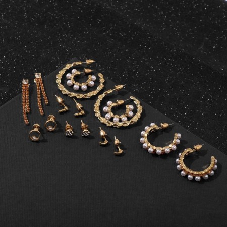 Earrings set 8 pairs "Pearl paradise", white color in gold-1