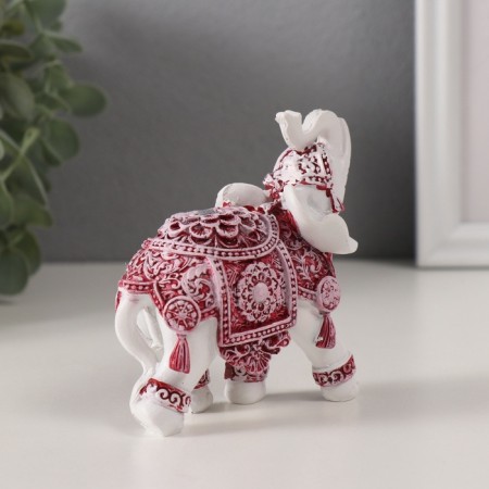 Souvenir Polystone "White Elephant. Burgundy Popon with Flower and Straza" 9x4.8x9.5 cm-1